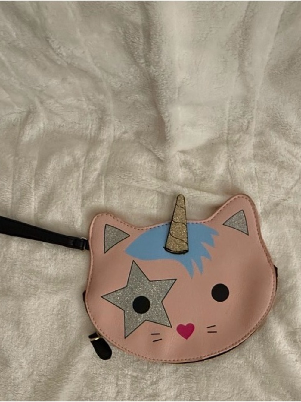 Betsey Johnson Pink Unicorn Cat Wristlet with Blue Mane and Gold Horn